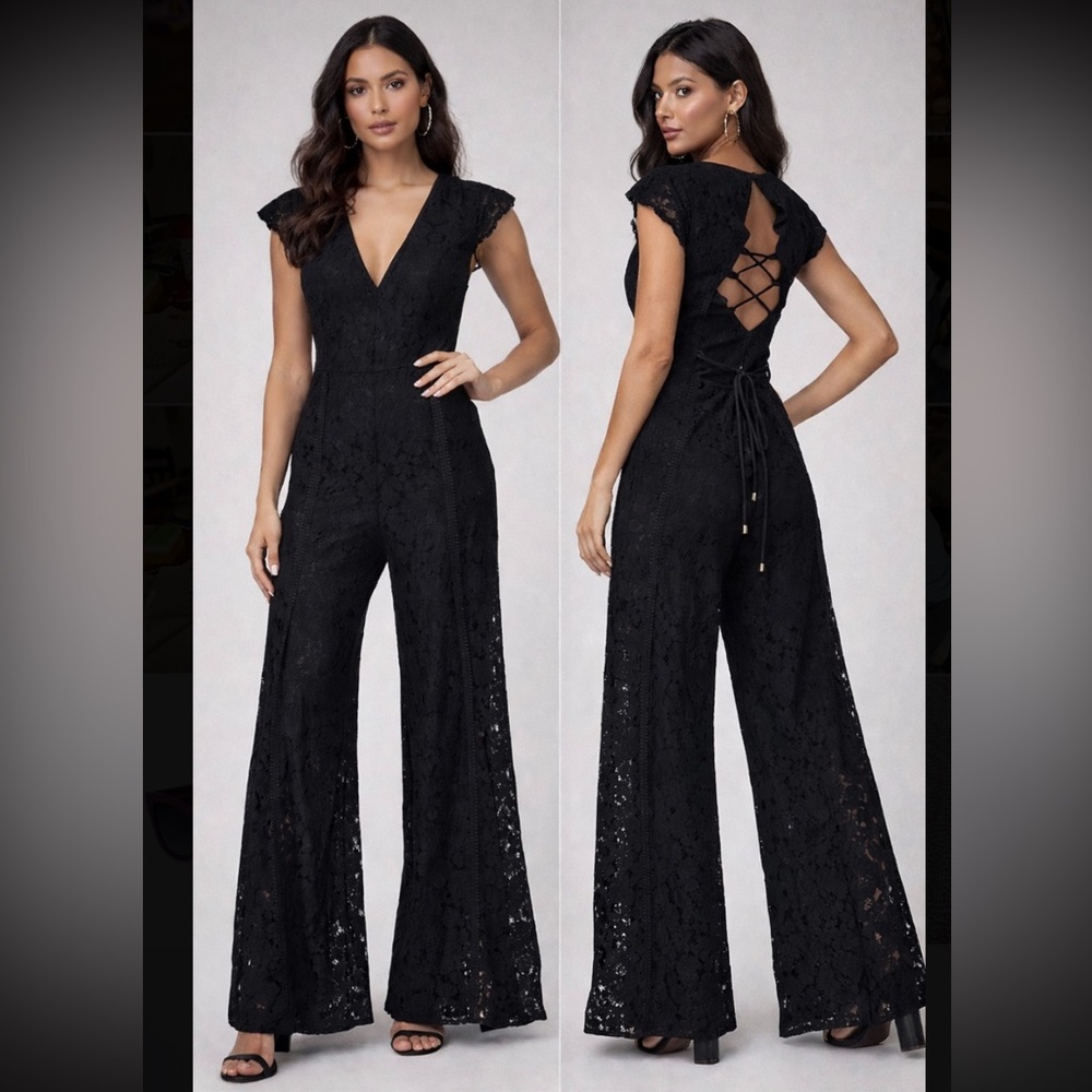 blue buttercup black floral lace wideleg jumpsuit